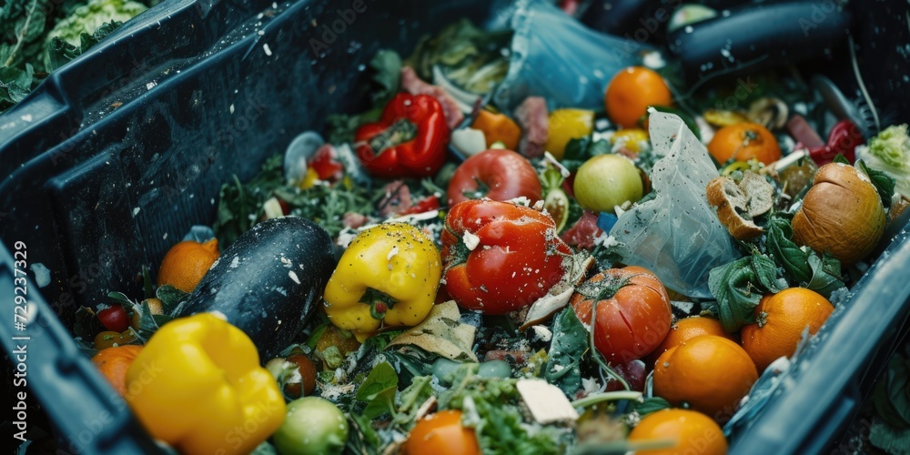 Poster a collection of various types of vegetables neatly arranged in a blue bin. perfect for food and nutr