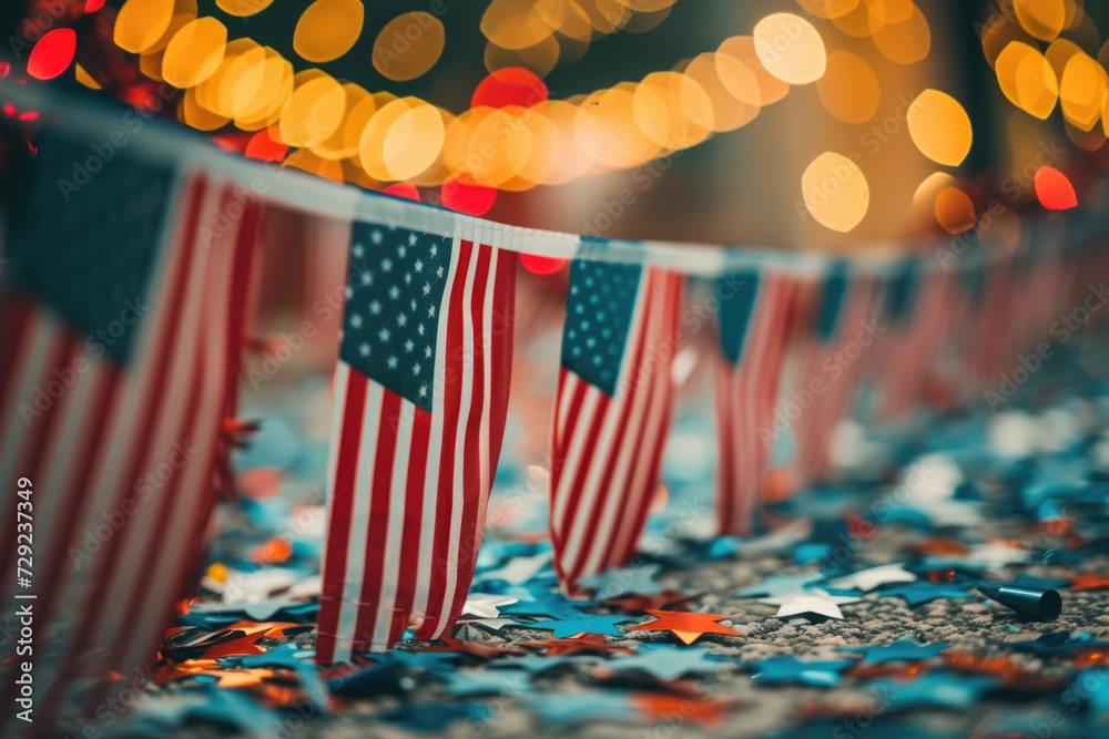 Poster a row of american flags hanging from a string. suitable for patriotic themes and national celebratio