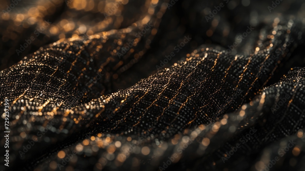 Poster A detailed view of black fabric with intricate gold thread design. Perfect for adding elegance and sophistication to any project or design
