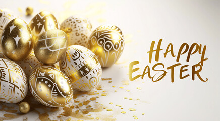 Happy Easter greeting card with golden easter eggs background, Pascha or Resurrection Sunday - obrazy, fototapety, plakaty