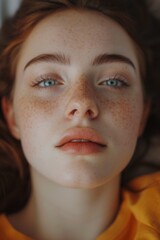 A close-up view of a woman's face with beautiful freckles. Perfect for beauty and skincare products or natural beauty concepts