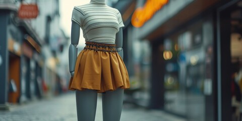 A mannequin is standing on a sidewalk in front of a store. This image can be used for showcasing fashion or retail concepts
