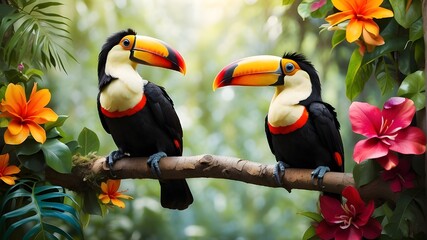 Whimsical toucan perched on a vibrant branch in a tropical rainforest