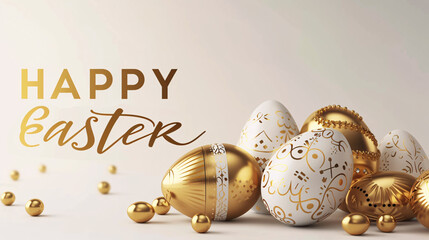 Happy Easter greeting card with golden easter eggs background, Pascha or Resurrection Sunday - obrazy, fototapety, plakaty