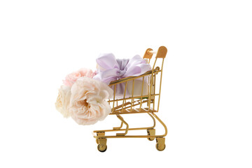 PNG, shopping cart with flowers, isolated on white background.