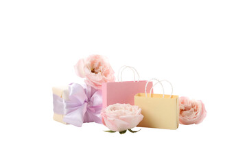 PNG, shopping bags with flowers, isolated on white background.