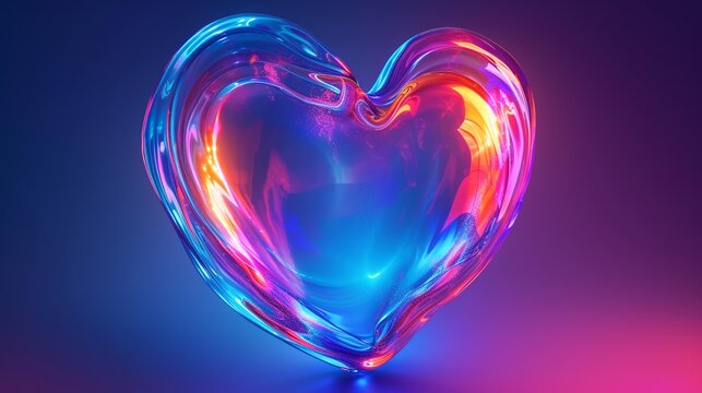 3d transparent heart shape in neon colors background. Fluid glass-like sculpture. Glowing heart shaped object in the style of realistic hyper-detail neo realism. Trendy romantic lovecore wallpaper.