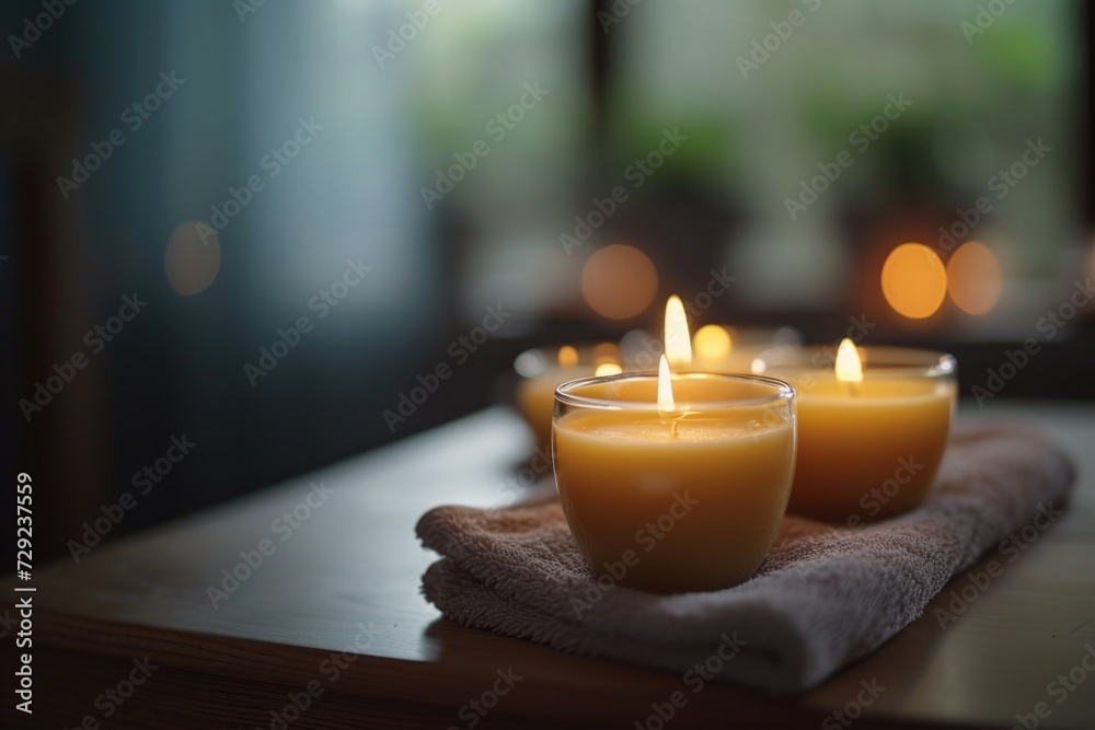 Poster A simple yet elegant image of a couple of candles placed on top of a table. Suitable for various uses