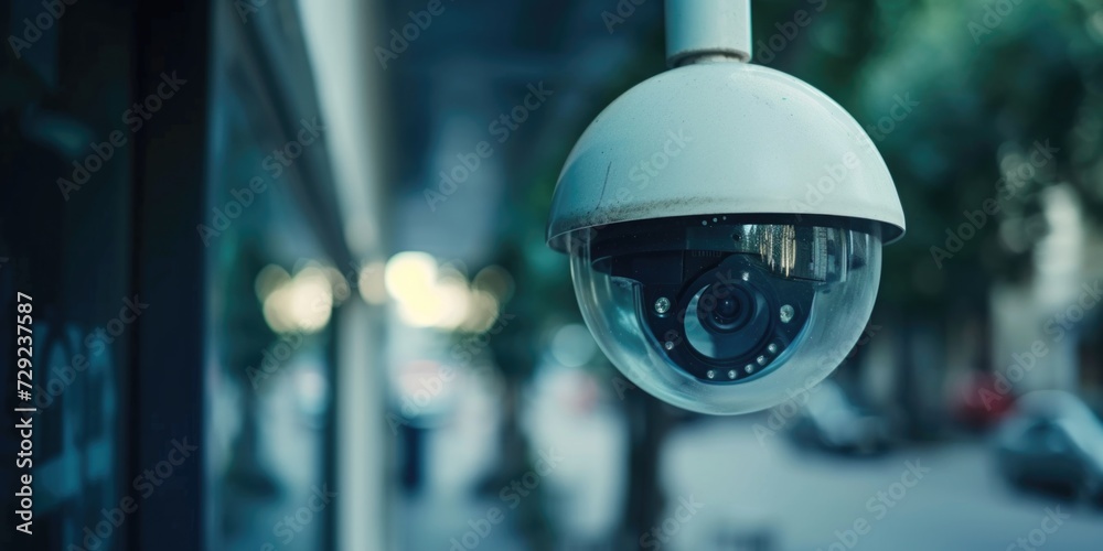 Poster a camera is mounted on the side of a building, capturing surveillance footage. this image can be use