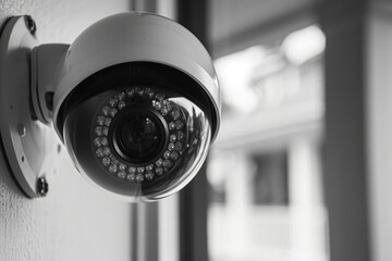 A black and white photo of a security camera. Can be used to depict surveillance, security, or technology