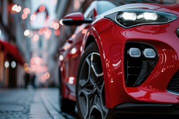 A close up view of a red car on a bustling city street. Perfect for automotive or urban lifestyle themes