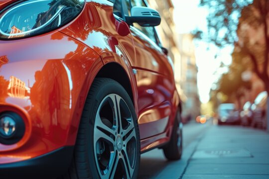 A Red Car Is Parked On The Side Of The Road. Suitable For Automotive And Transportation Concepts