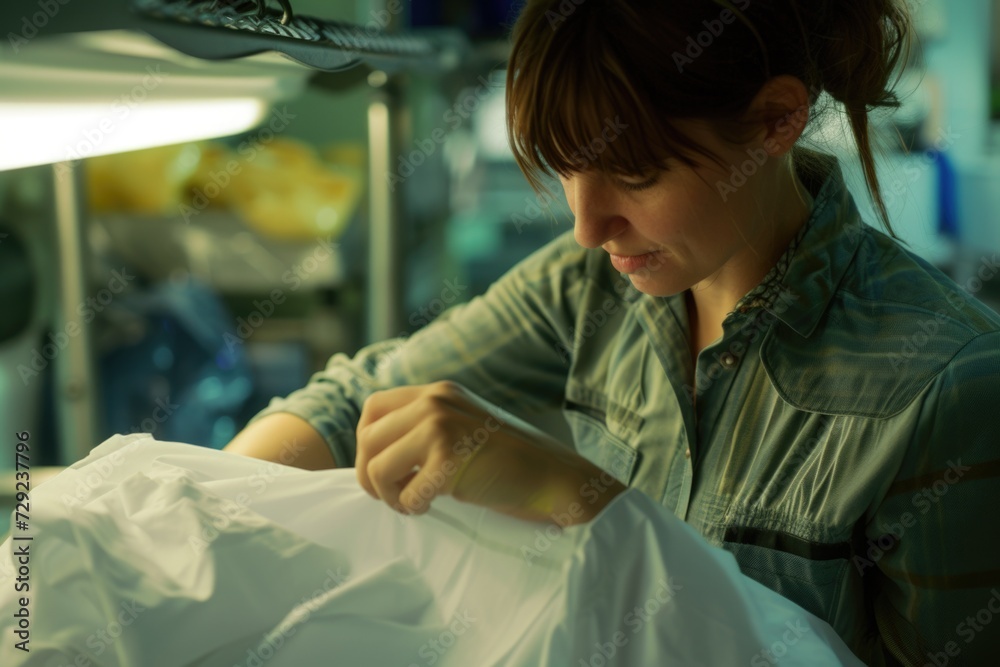 Poster a woman working in a factory holding a bag. this image can be used to depict a female worker in an i