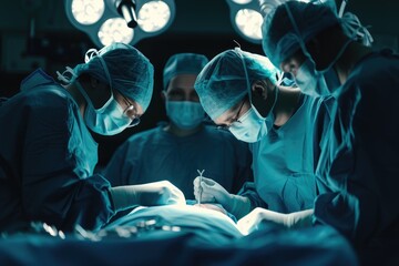 A group of surgeons performing surgery in an operating room. Can be used to illustrate medical procedures or healthcare concepts