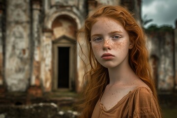 Fototapeta premium Portrait of a red-haired girl with freckles on her face. Red-haired teenage girl with freckles, set against the historic ruins of sao salvador da bahia.