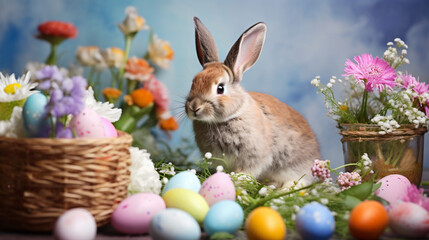 Fototapeta na wymiar Easter card easter bunny with eggs