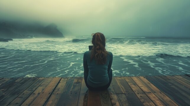 Conceptual image of a girl sitting on a wooden dock by the sea, sipping cocoa from a mug while watching the waves and a distant island landscape Generative AI
