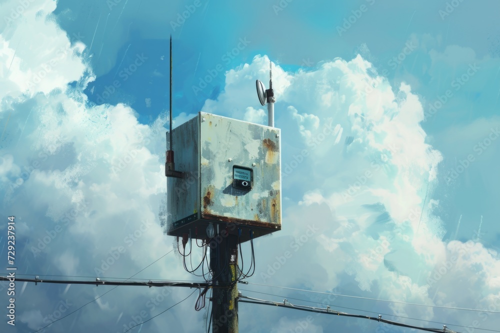 Poster A digital painting depicting a box placed on top of a pole. This unique artwork can be used in various projects and designs