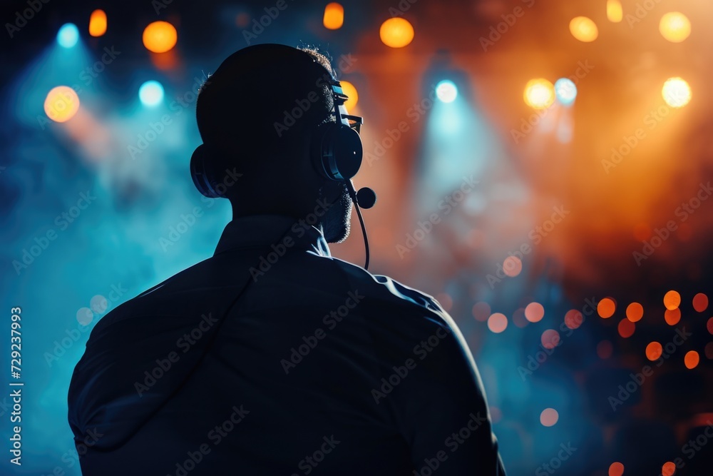 Poster A man wearing a headset stands in front of a stage. This image can be used to depict a performer or sound technician in a live event setting