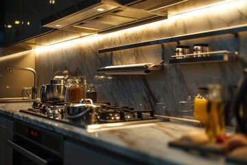 A kitchen with a stove top oven next to a counter. Suitable for home decor and cooking-related designs