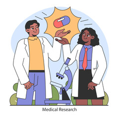 Medical Research concept. Collaborative effort in scientific discovery with a focus on pharmaceutical advancements. Experts examining medication efficacy. Flat vector illustration.