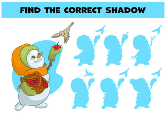 Fototapeta premium Find the correct shadow. Snowman feeds birds.