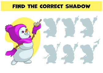 Find the correct shadow of snowman girl joyfully looking at the bird that she holding in her palm. Educational matching game for children. logic puzzle. Cartoon vector illustration