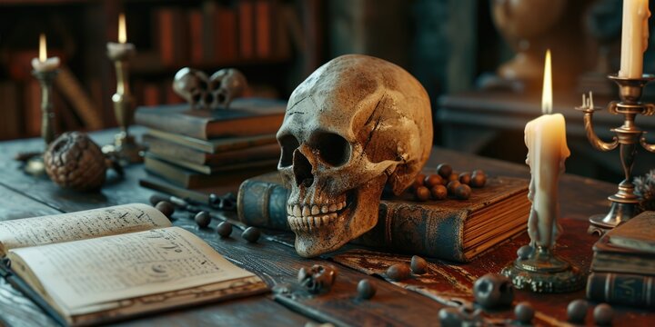 A skull is placed on top of a table, alongside a book. This image can be used to depict themes of mystery, knowledge, or even horror