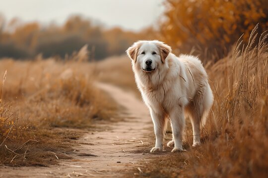 a Great Pyrenees dog standing on the ground, in the style of southern countryside, dark beige and gold, soft-focus portraits