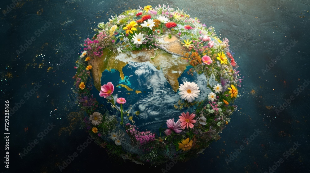 Poster conceptual photo of earth depicting continents covered in a realistic array of blossoming flowers, i