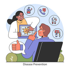 Disease Prevention concept. Engaging in proactive health strategies and digital diagnostics. Positive reinforcement in medical consultation and disease awareness. Flat vector illustration.