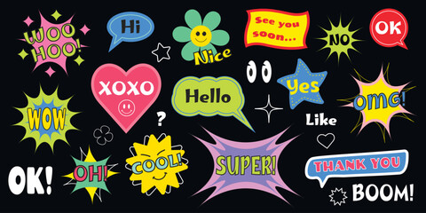Set of Y2K colorful cartoon speech bubbles on black background. Hello, Hi, Ok, Wow and other text retro stickers collection