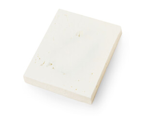 Feta cheese pieces on isolated on white background, top view. Fesh Greek feta cheese block close up.