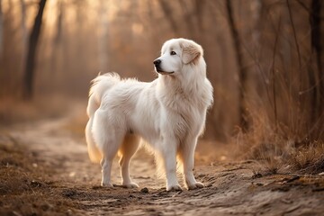 a Great Pyrenees dog standing on the ground, in the style of southern countryside, dark beige and gold, soft-focus portraits