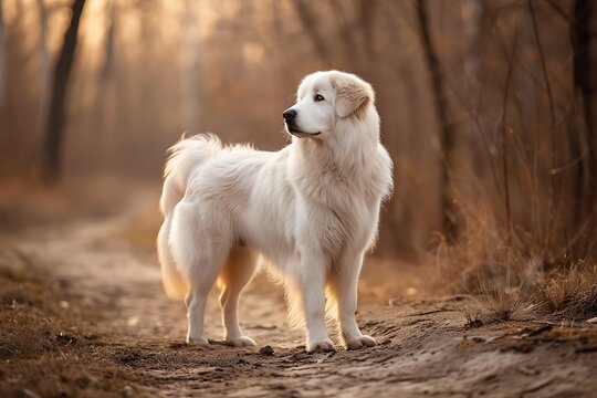 a Great Pyrenees dog standing on the ground, in the style of southern countryside, dark beige and gold, soft-focus portraits