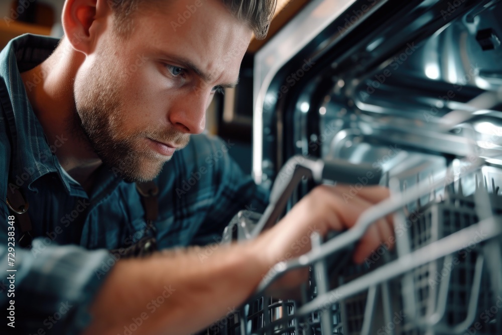 Canvas Prints A man is seen fixing a dishwasher in a kitchen. This image can be used to illustrate home repairs or appliance maintenance