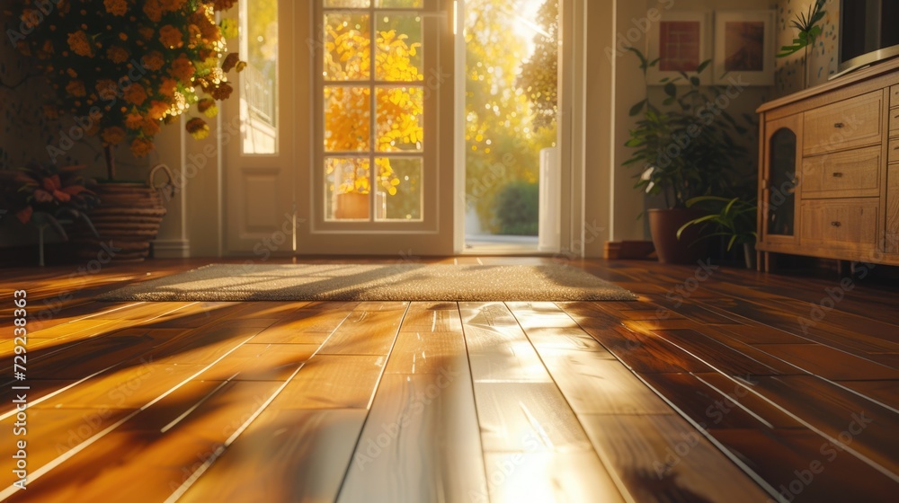 Poster Sunlight streaming through a window illuminates a beautiful wooden floor. Perfect for showcasing natural light and adding warmth to any space