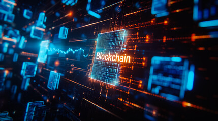 Blockchain inscription glowing in neon yellow amidst intricate circuit lines, symbolizing security and innovation in cryptocurrency and decentralized systems.