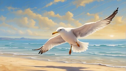 seagull in flight, Swift Seagull gliding gracefully over a sun kissed Beach