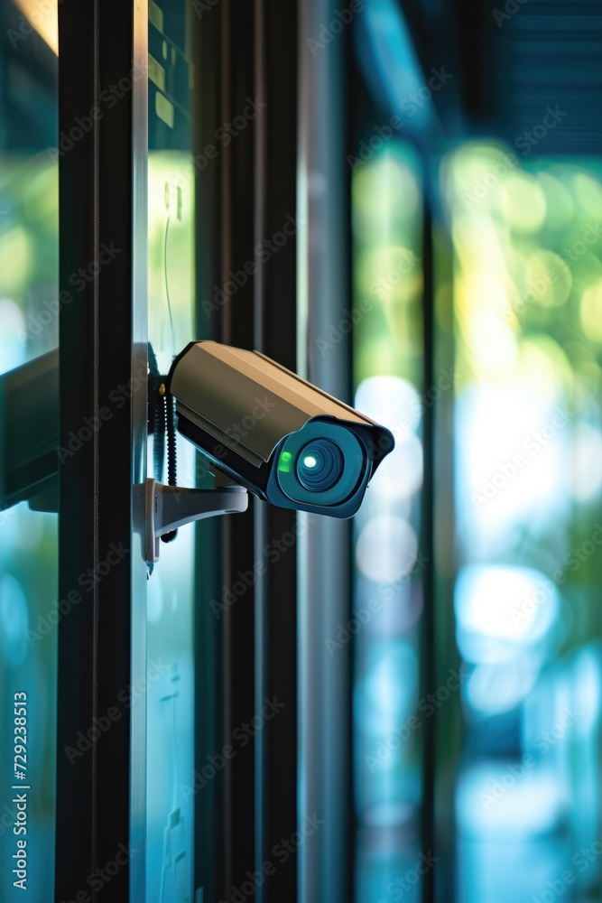 Poster a detailed shot of a security camera mounted on a door. suitable for illustrating surveillance, secu