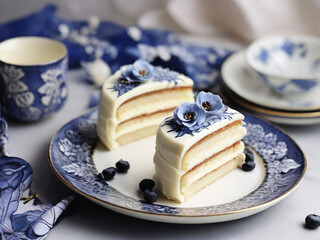two sliced cakes on round white-and-blue floral ceramic saucers

