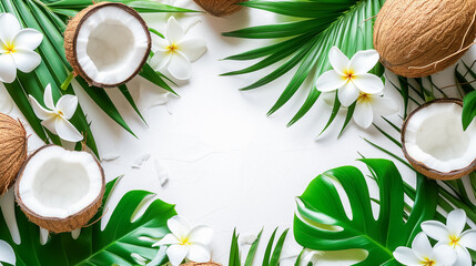 Fototapeta na wymiar Tropical flat lay with halved coconuts, white frangipani flowers, and green palm leaves on a white background. Refreshing and vibrant, perfect for summer themes.