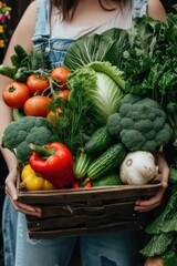 A woman holding a basket full of vegetables. Perfect for healthy eating and farm-to-table concepts