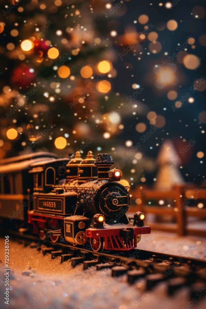 Poster A toy train sits on a track in front of a beautifully decorated Christmas tree. Perfect for holiday-themed projects and festive designs