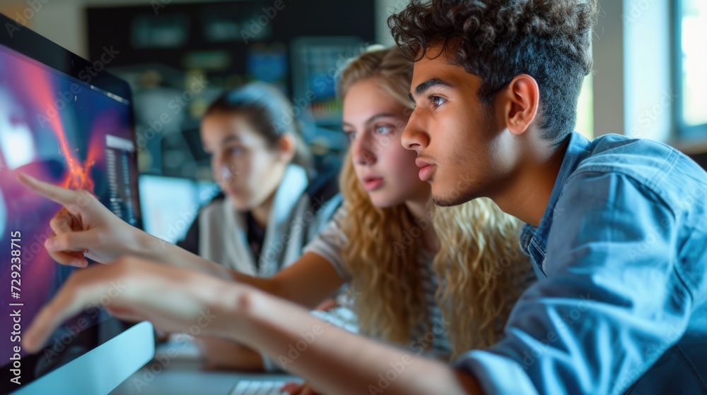 Poster a group of young people sitting together in front of a computer. this image can be used to depict te