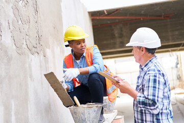 Senior male builder discussing with female mason plastering wall at construction site - obrazy, fototapety, plakaty