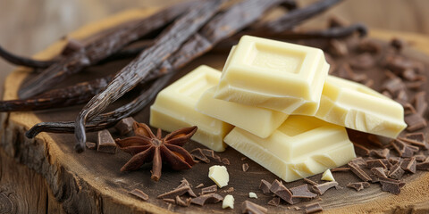 High quality White chocolat with vanilla orchid flower and vanilla pods on light wood background...