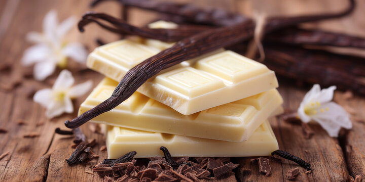 High quality White chocolat with vanilla orchid flower and vanilla pods on light wood background table