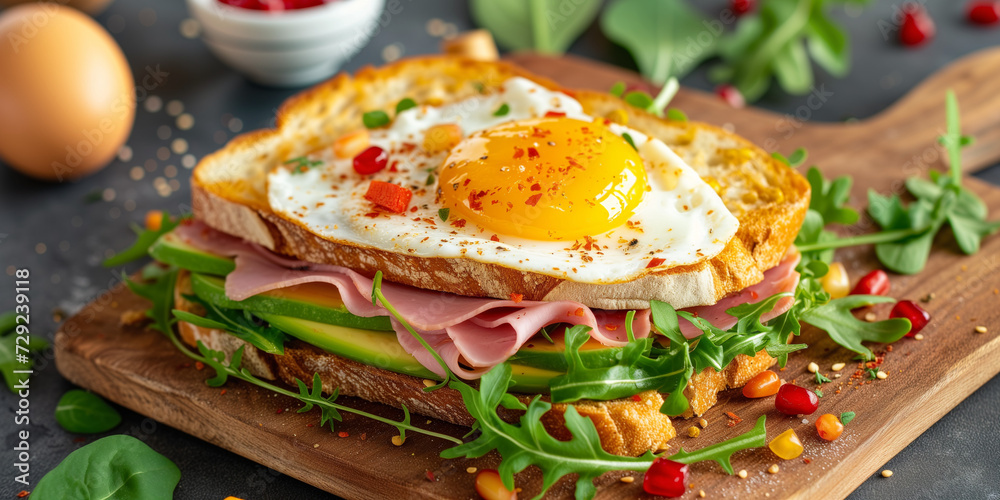 Wall mural close shoot of a goutmet open sandwich brunch with avocado ham sunny-side up egg tomato chili season