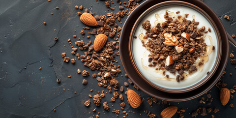 A litle bowl of yoghurt with chocolate granola honey and almonds on the top as a part of healthy...